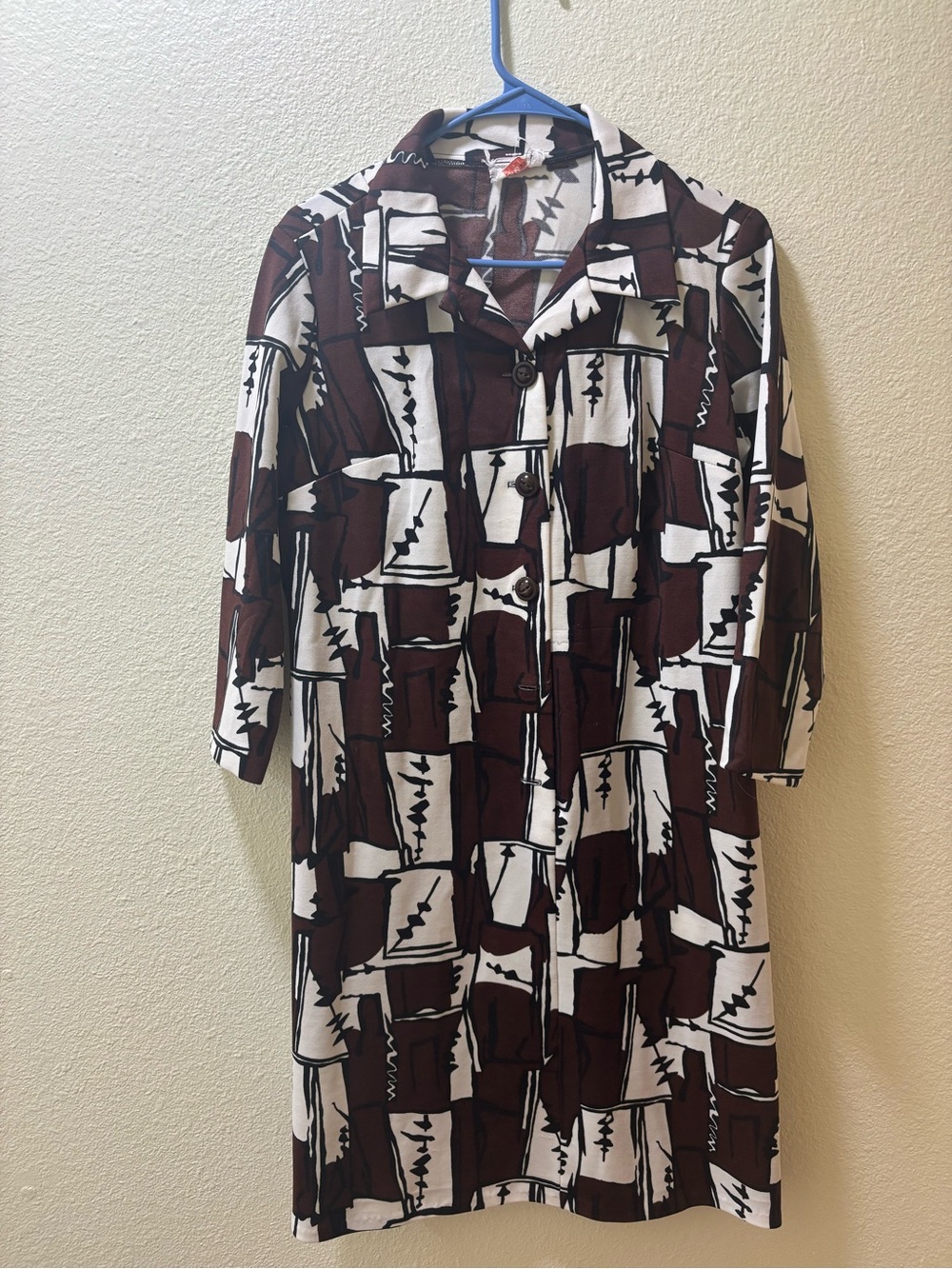 Long Sleeve Brown & White Patterned Button-Front Dress